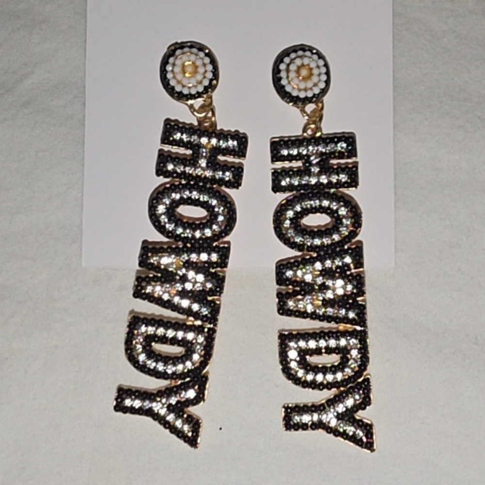 Gold and Silver 'Howdy' Beaded Statement Earrings - Never Worn